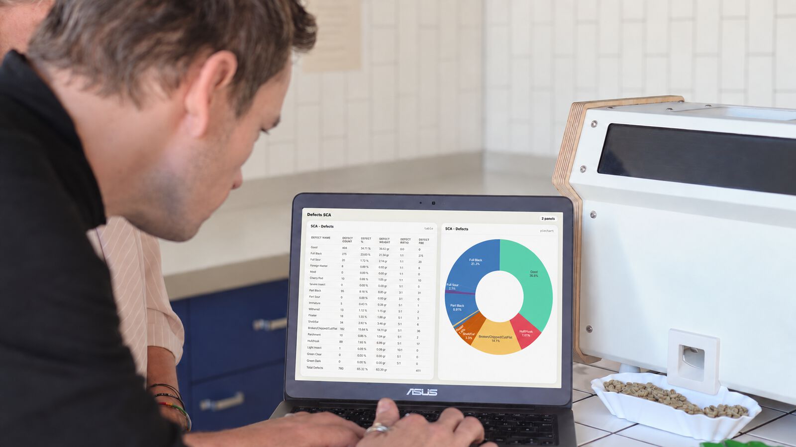 A VeroLab sample result open on a laptop beside the device